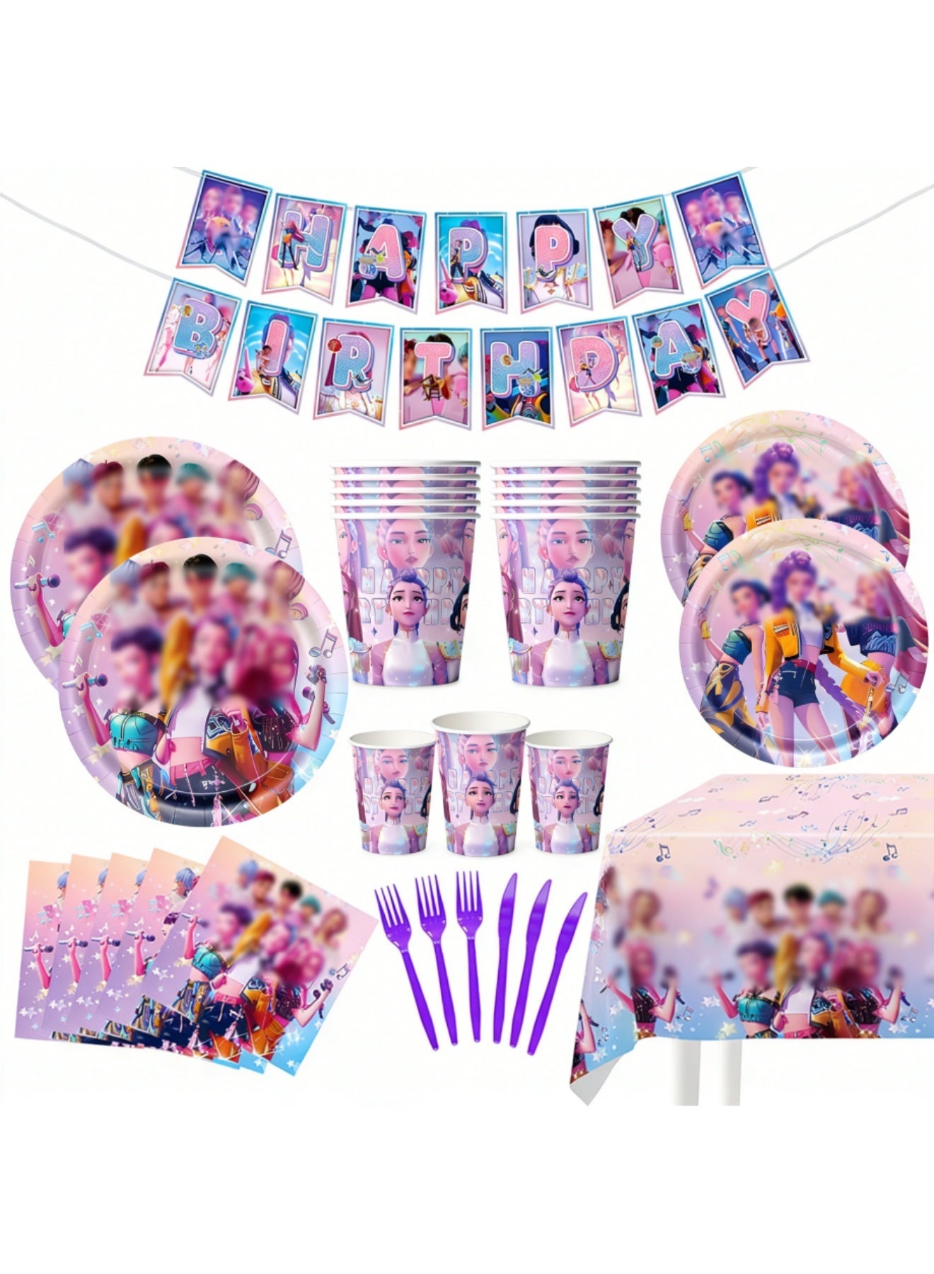 86 PCS Kpop Party Supplies Set, K Pop Birthday Demon Decorations Tableware Kit With 20 Plates 20 Napkins 10 Knives 10 Forks 10 spoons 15 Pennants 1 Tablecover for Boys Girls Hunters Theme Serves 10 Guests